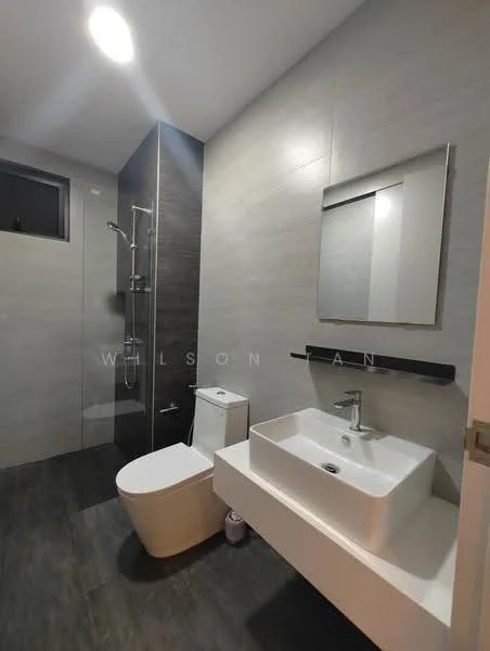 Bathroom features: walk-in shower with glass enclosure, rain shower head, handheld shower, single-sink vanity with white cabinet, chrome basin mixer, framed mirror, one-piece toilet, grey tile flooring, dark accent wall, white wall tiles, recessed downlights; style: modern.