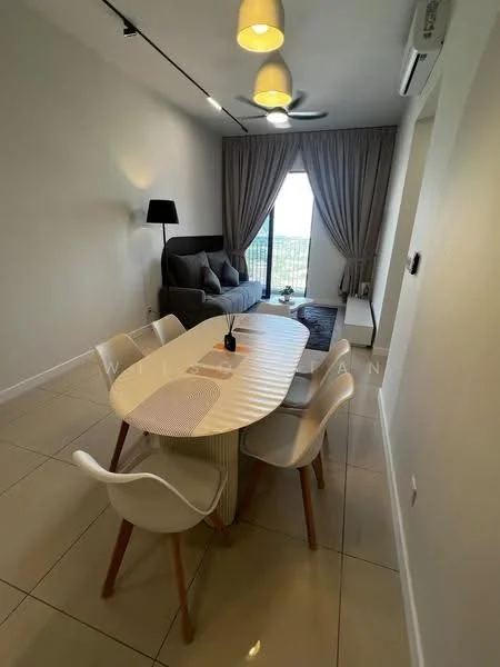 Dining features: oval dining table with white surface, 4 white chairs with wooden legs, pendant lighting with three bulbs, grey fabric sofa, black floor lamp, floor-to-ceiling windows with sheer curtains, light-coloured tiled flooring, decorative plant on table, wall-mounted air conditioning unit, neutral painted walls; style: modern; view: city.