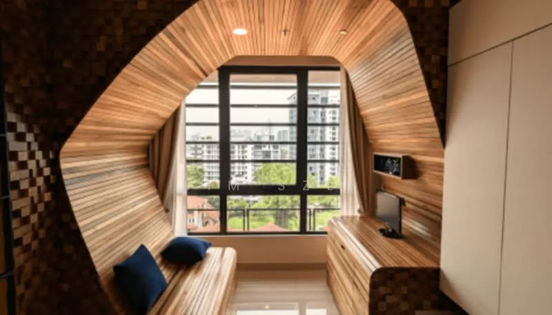 Room features: wood paneling on walls, curved wall design, large windows, city view, built-in desk, TV console, two blue cushions, glossy tile flooring, recessed ceiling lights; style: modern; view: city.
