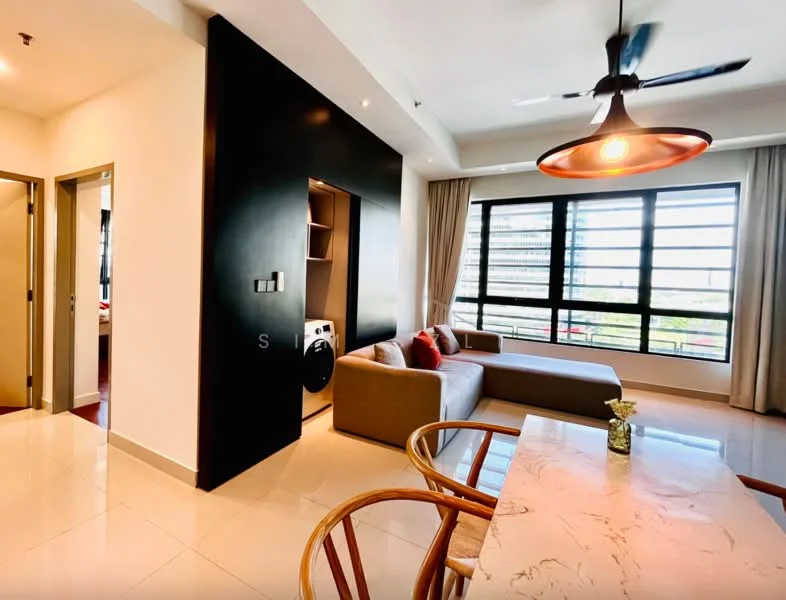 Living features: 3-seater fabric sofa in grey, coffee table, floor-to-ceiling windows, curtains, ceiling fan with light, marble tile flooring, wall-mounted TV, built-in shelving unit, decorative vase, open layout to dining area; style: modern; view: city. Room features: door leading to hallway, washer/dryer unit, light switch.
