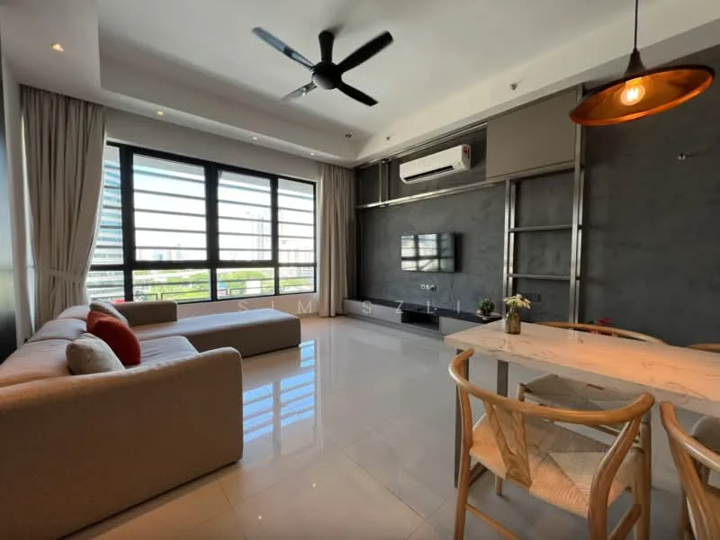 Living features: 3-seater fabric sofa in beige, 2-seater fabric sofa in grey, coffee table, wall-mounted TV, TV console, ceiling fan with light, recessed downlights, large windows with black frames, white walls, polished tile flooring, decorative plant on table, dining table with marble top, 4 dining chairs; style: modern; view: city.