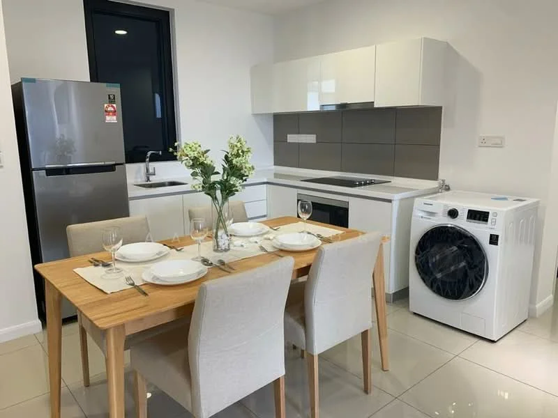 Kitchen features: white cabinetry, grey tiled backsplash, stainless-steel fridge, built-in oven, 4-burner induction hob, single-bowl stainless-steel sink, chrome pull-down faucet, white countertop, washing machine, dining table with 4 chairs, table setting with plates and glasses, ceramic tile flooring; style: modern.