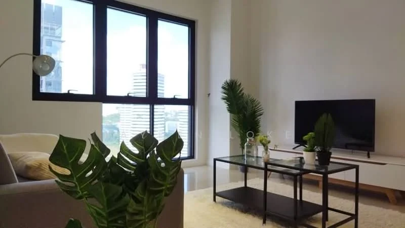 Living features: large floor-to-ceiling windows, grey fabric sofa, coffee table with black metal frame, flat-screen TV on media console, decorative houseplants, light-colored area rug, white walls, natural light from windows; style: modern; view: city.
