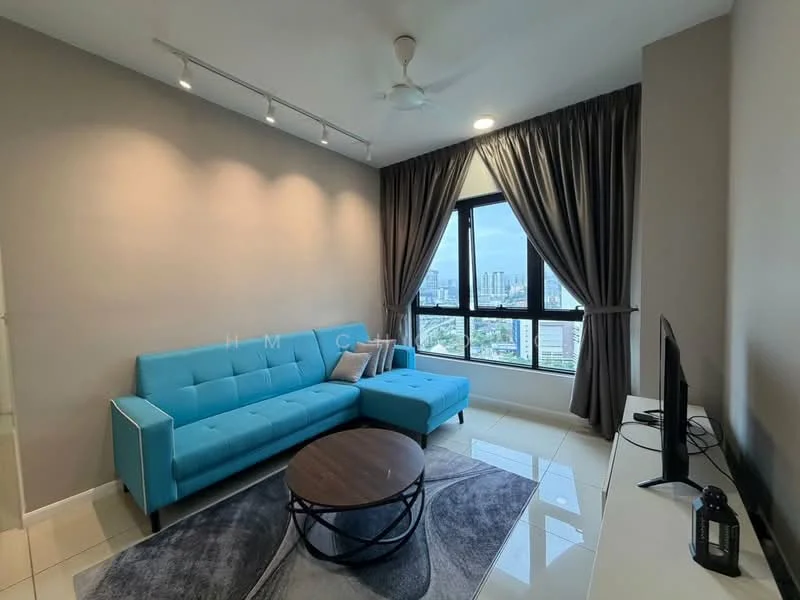 Living features: 3-seater fabric sofa in turquoise, coffee table with circular top, floor-to-ceiling windows, sheer curtains, recessed downlights, ceiling fan, wall-mounted TV, area rug with circular pattern, light grey painted walls, white tiled flooring; style: modern; view: city.