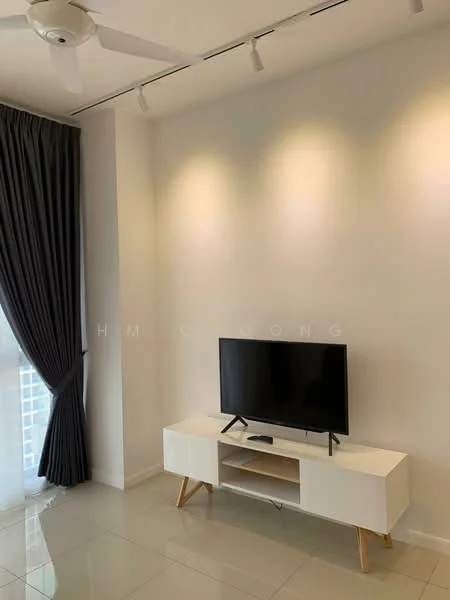 Living features: white painted walls, glossy tile flooring, 5-blade ceiling fan, wall-mounted TV, white TV console with wooden legs, floor-to-ceiling windows, grey curtains, track lighting; style: modern.