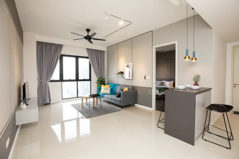 Living features: grey fabric sofa, blue decorative cushions, white TV console, wall-mounted TV, floor-to-ceiling windows, sheer curtains, ceiling fan with light, recessed downlights, light grey painted walls, glossy white tile flooring, decorative plant, area rug, bar counter with stools, pendant lighting over bar; style: modern; view: city.
