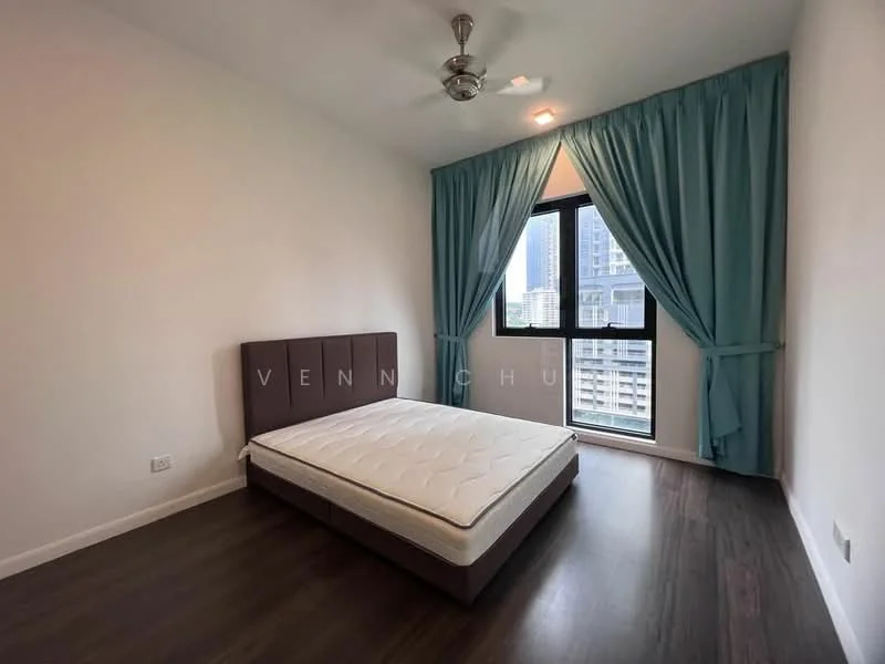Bedroom features: queen-size bed frame without mattress, upholstered headboard in brown, floor-to-ceiling window, city view, light blue curtains, ceiling fan with light, laminate flooring, white painted walls; style: modern; view: city.