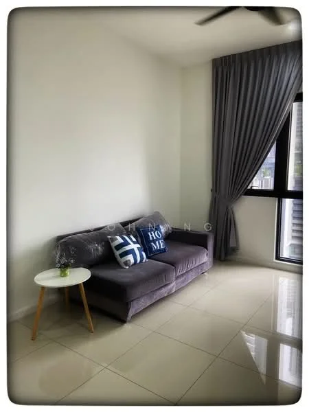 Living features: grey fabric sofa, decorative cushion with 'HOME' text, white round side table, floor-to-ceiling windows, sheer curtains, light-coloured walls, glossy tile flooring, ceiling fan; style: modern; view: city.