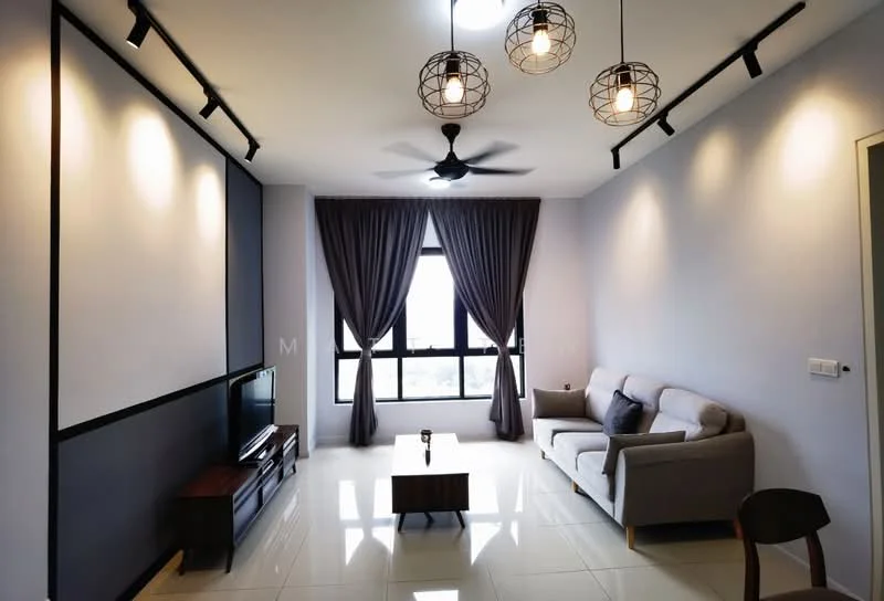 Living features: 3-seater fabric sofa in light grey, wooden coffee table, TV console, wall-mounted TV, floor-to-ceiling windows, sheer curtains, dark grey accent wall, white painted walls, recessed LED downlights, 3-blade ceiling fan, track lighting with industrial-style pendant lamps, glossy tile flooring; style: modern; view: city.