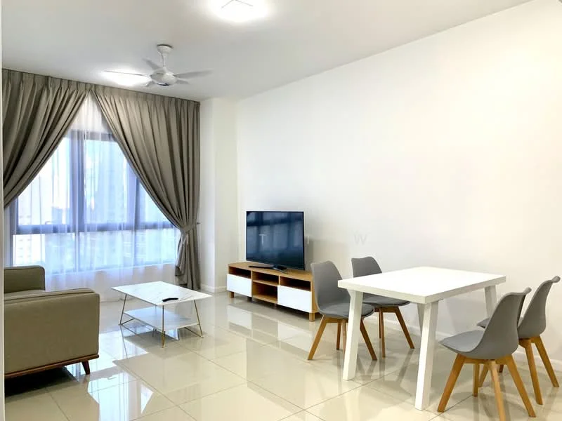 Living features: 5-blade ceiling fan, floor-to-ceiling windows, sheer curtains, white painted walls, glossy tile flooring, 2-seater fabric sofa in grey, coffee table with glass top, TV console with storage, wall-mounted TV, 4-seater dining table with white top, grey dining chairs with wooden legs; style: modern; view: city.