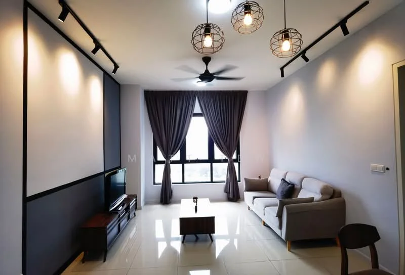 Living features: 3-seater fabric sofa in light grey, coffee table, TV console, wall-mounted TV, floor-to-ceiling windows, grey curtains, ceiling fan with light, recessed LED downlights, white painted walls, glossy tile flooring; style: modern; view: city.