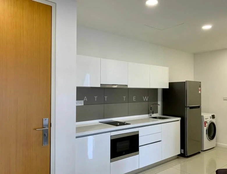 Kitchen features: white cabinetry, grey backsplash, stainless-steel sink, chrome pull-down faucet, built-in oven, stainless-steel fridge, front-load washing machine, ceramic tile flooring, recessed downlights; style: modern.