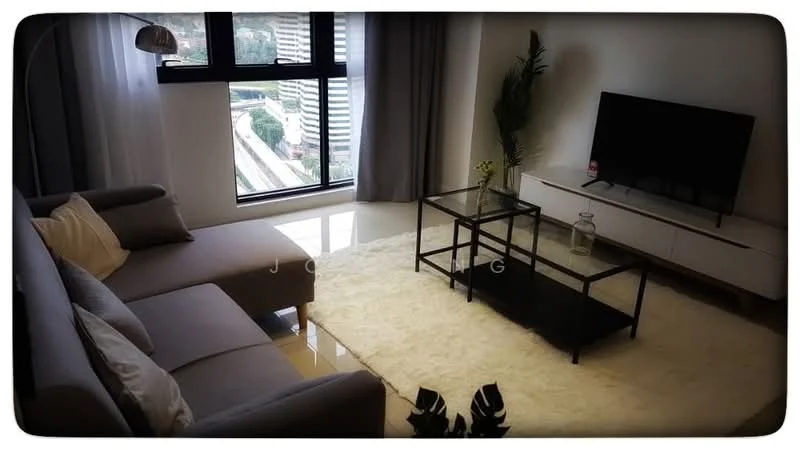 Living features: L-shape sectional sofa in grey, coffee table with glass top, area rug with fluffy texture, floor-to-ceiling windows, curtains, wall-mounted TV, TV console with storage, decorative plant, lamp with curved arm, neutral wall colour, glossy tile flooring; style: modern; view: city.