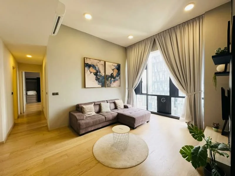 Living features: 3-seater fabric sofa in beige, round coffee table, area rug with circular pattern, floor-to-ceiling windows, sheer curtains, wooden flooring, wall-mounted TV, decorative plant in ceramic pot, artwork with abstract design, recessed downlights, 1 wall-mounted split AC; style: modern; view: city. Room features: doorway leading to hallway, wooden flooring.