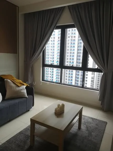 Living features: grey fabric sofa, coffee table, area rug, floor-to-ceiling windows, curtains, neutral wall colour, tile flooring, decorative items on table; style: modern; view: city.