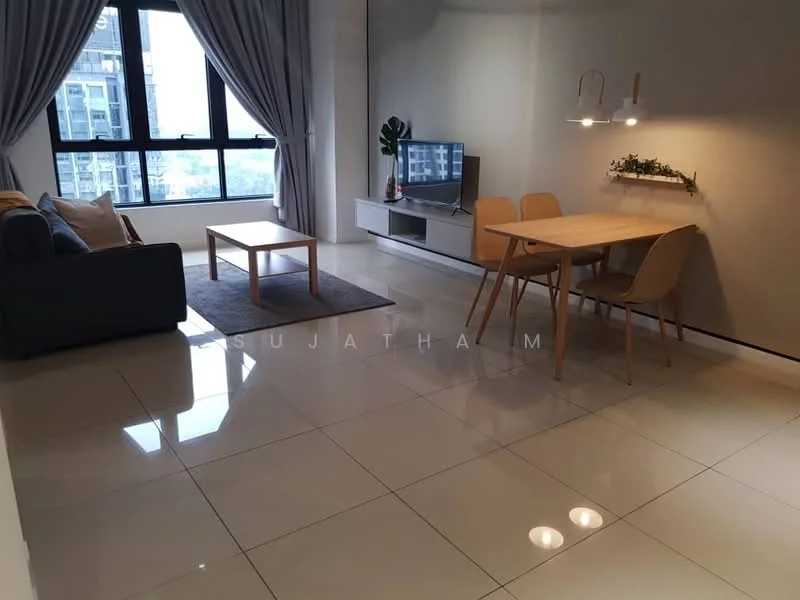 Living features: grey fabric sofa, coffee table, TV console, wall-mounted TV, dining table for 4, 4 dining chairs, area rug, floor-to-ceiling windows, curtains, polished tile flooring, recessed downlights; style: modern; view: city.