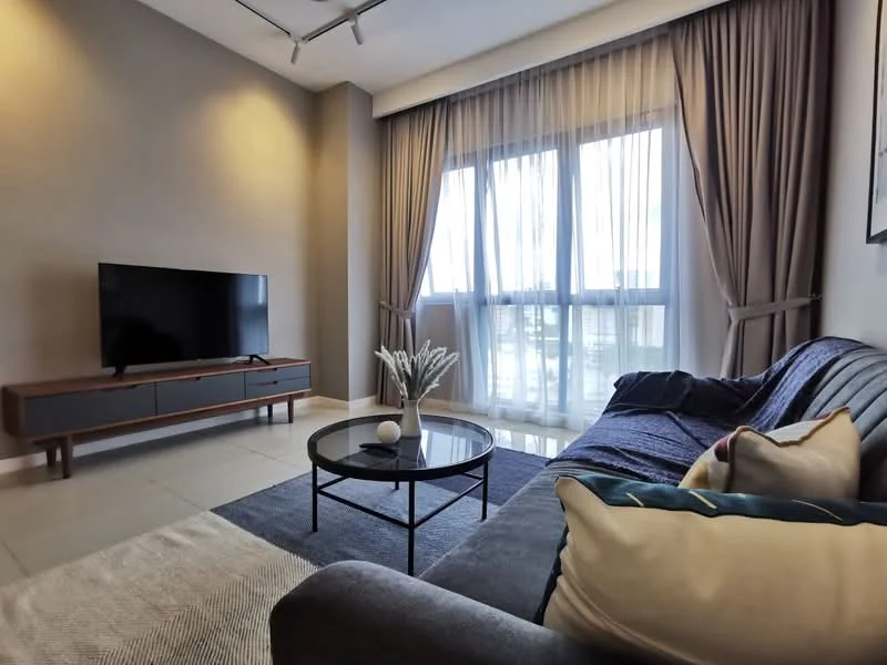 Living features: grey fabric sofa, coffee table with black metal frame, TV console with wooden finish, wall-mounted flat-screen TV, floor-to-ceiling windows, sheer curtains, decorative throw pillows, area rug with geometric pattern, recessed lighting, light grey painted walls, tile flooring; style: modern.