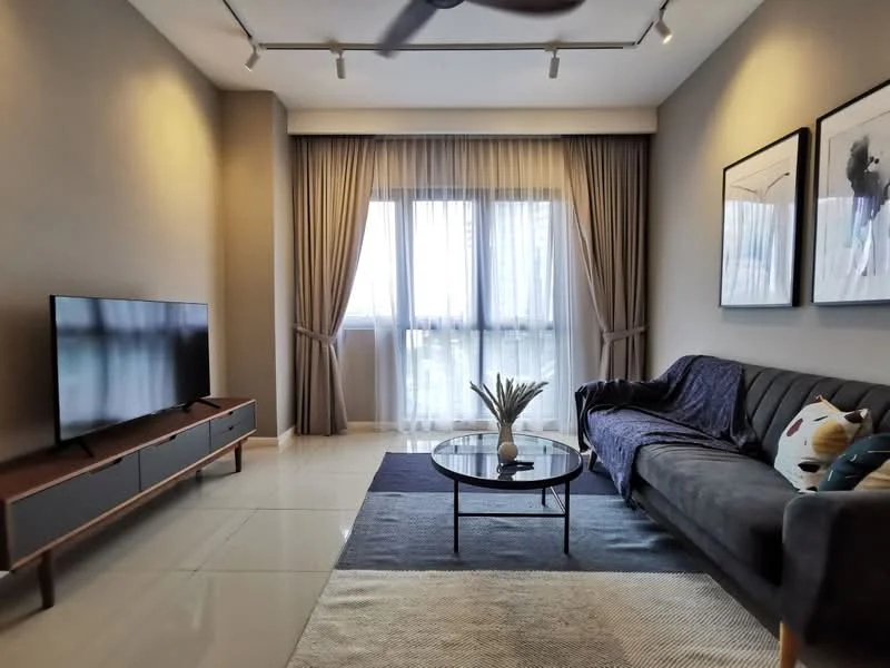 Living features: grey fabric sofa, coffee table with glass top, TV console with drawers, wall-mounted TV, floor-to-ceiling windows, sheer curtains, recessed downlights, area rug with geometric pattern, decorative throw pillow, plant in decorative pot, light grey painted walls, polished tile flooring; style: modern; view: city.