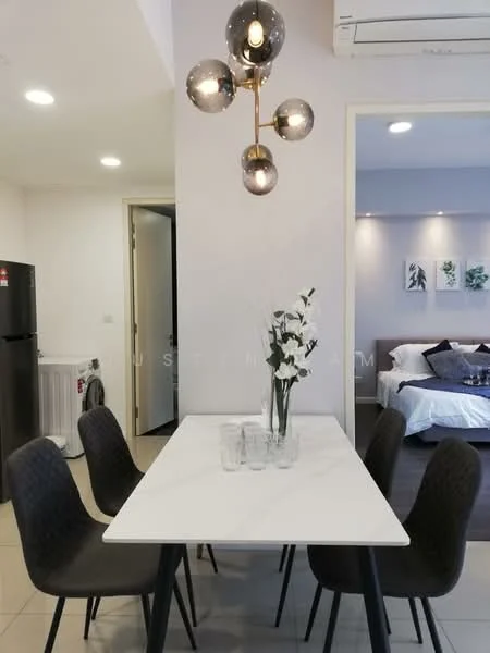 Dining features: white marble dining table, 4 black dining chairs, pendant light fixture with multiple bulbs, wall-mounted air conditioning unit, grey tiled flooring, decorative vase with white flowers, open layout to kitchen and living area; style: modern. Room features: black refrigerator, white walls, light fixtures in ceiling.