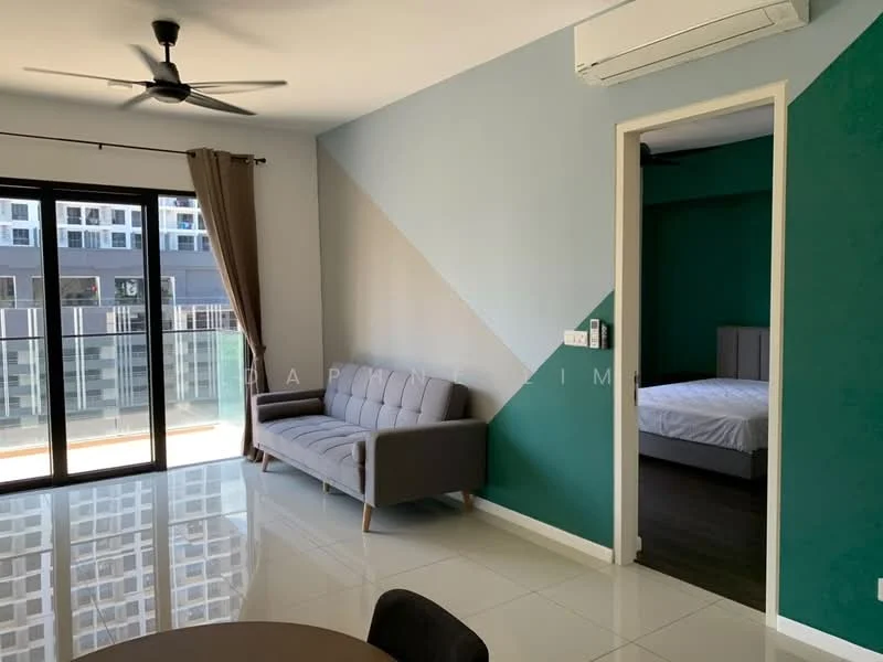 Living features: grey fabric sofa, round dining table, floor-to-ceiling windows, sliding glass door, white painted walls, green accent wall, recessed downlights, 5-blade ceiling fan, white tiled flooring, curtains, air conditioning unit; style: modern; view: city. Bedroom features: queen-size bed, green painted walls, built-in wardrobe, white bedding, carpeted flooring; style: modern.