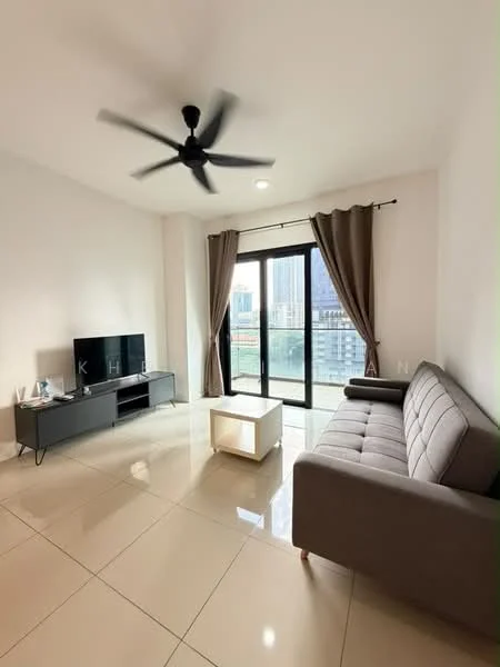 Living features: 3-seater fabric sofa in grey, coffee table, TV console, wall-mounted TV, floor-to-ceiling windows, sliding glass door, sheer curtains, 5-blade ceiling fan with light, polished tile flooring, white painted walls; style: modern; view: city.