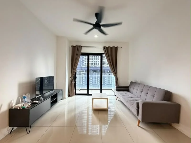 Living features: 3-seater fabric sofa in grey, flat-screen TV on media console, media console in black, floor-to-ceiling windows, sliding glass door, sheer curtains, dark brown curtains, ceiling fan, recessed downlights, glossy tile flooring, decorative wall art, area rug; style: modern; view: city.