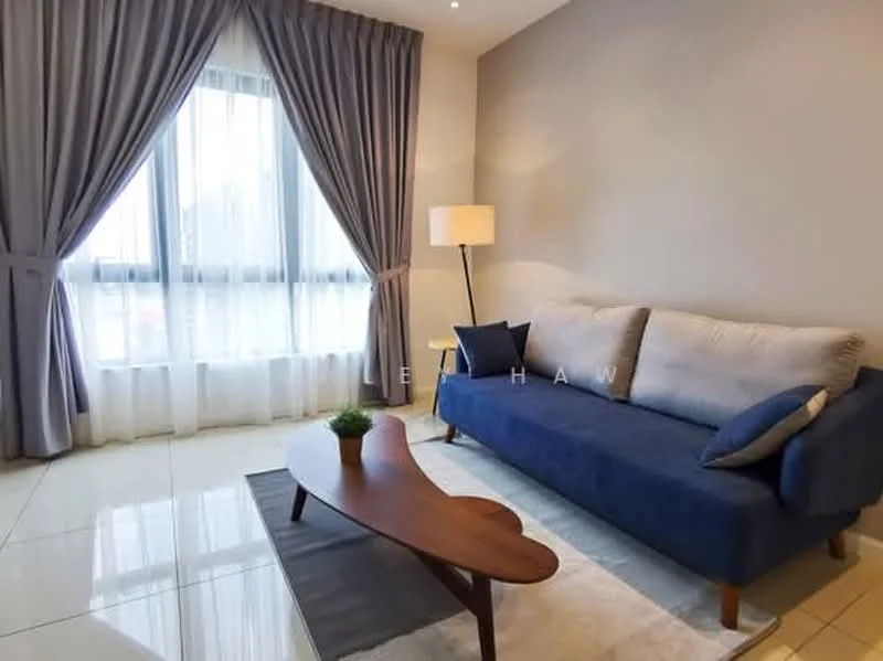 Living features: 3-seater fabric sofa in blue, wooden coffee table with curved design, area rug, floor-to-ceiling windows, sheer curtains, grey painted walls, recessed downlights, laminate flooring; style: modern.