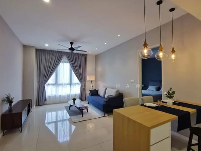 Living features: 3-seater fabric sofa in navy blue, wooden coffee table, TV console, wall-mounted TV, area rug, ceiling fan with light, recessed downlights, floor-to-ceiling windows with sheer curtains, white painted walls, glossy tile flooring; style: modern. Dining features: 4-seater dining table, wooden dining chairs, pendant lighting, open kitchen layout, bar counter with stools; style: modern.