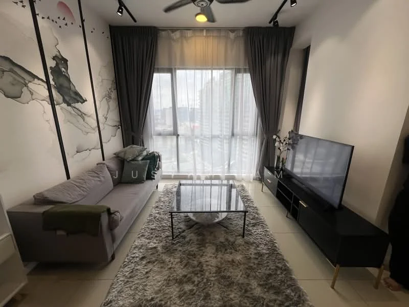 Living features: 3-seater fabric sofa in grey, coffee table with glass top, TV console in black, wall-mounted TV, area rug with plush texture, floor-to-ceiling windows, sheer curtains, dark grey curtains, ceiling fan with light, decorative wall art with abstract design; style: modern; view: city.