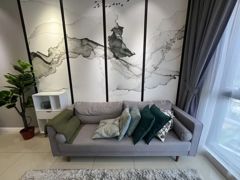 Living features: grey fabric sofa, decorative cushions in various colors, abstract wall art with grey and black tones, white shelving unit, indoor plant in pot, floor-to-ceiling windows with sheer curtains, light-colored tiled flooring, wall with vertical panels; style: modern; view: city.