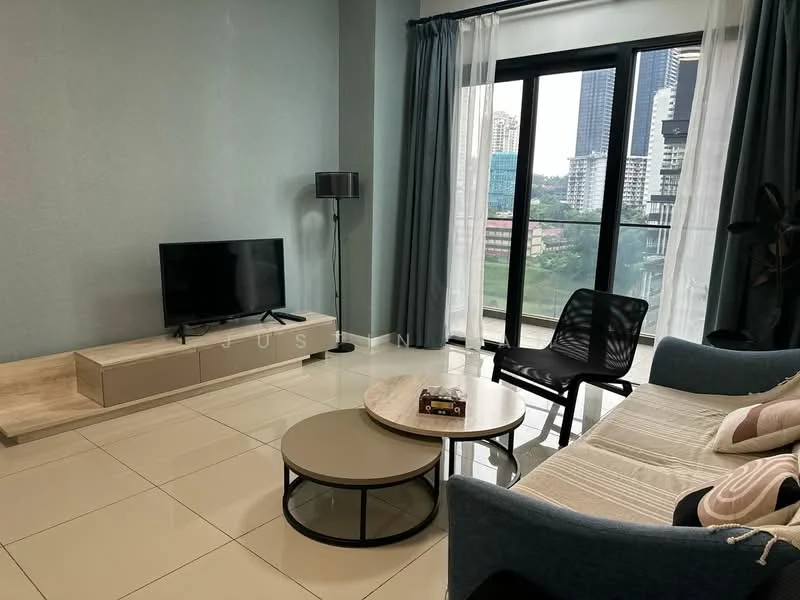 Living features: light blue painted walls, white tiled flooring, floor-to-ceiling windows, black metal floor lamp, black plastic chair, light grey fabric sofa, round coffee table with wooden top, TV console with storage, wall-mounted TV, decorative plant in pot, curtains with sheer and blackout layers; style: modern; view: city.
