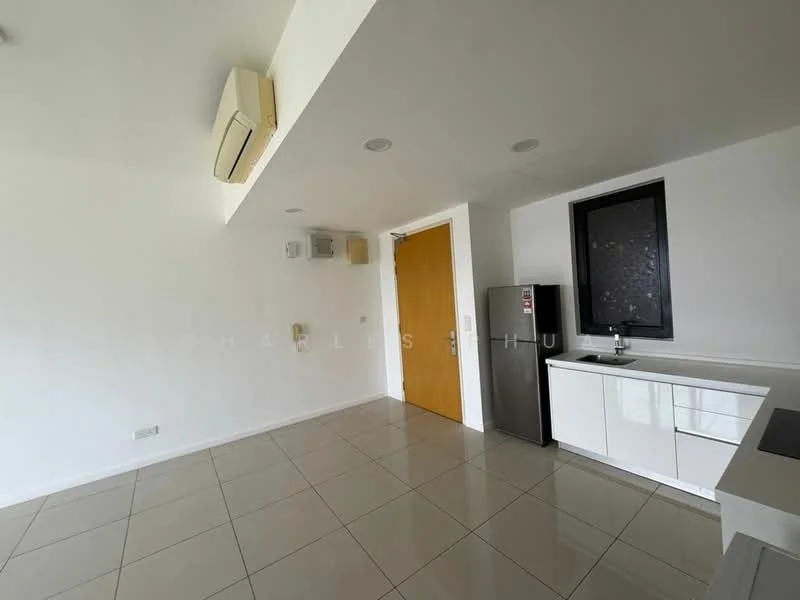 Kitchen features: white cabinets, stainless-steel fridge, single-bowl stainless-steel sink, chrome pull-down faucet, ceramic tile flooring, wall-mounted split AC, recessed downlights, window with black frame, countertop with integrated cooktop, open layout, neutral wall color, door leading to hallway; style: modern.
