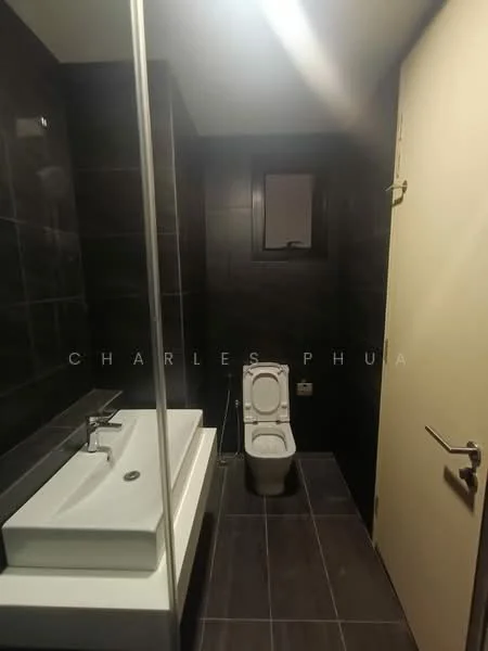 Bathroom features: walk-in shower with glass enclosure, freestanding bathtub, single-sink vanity with white cabinet, chrome basin mixer faucet, one-piece toilet, dark tile flooring, dark tile wall cladding, small window, mirror above vanity, recessed downlights; style: modern.