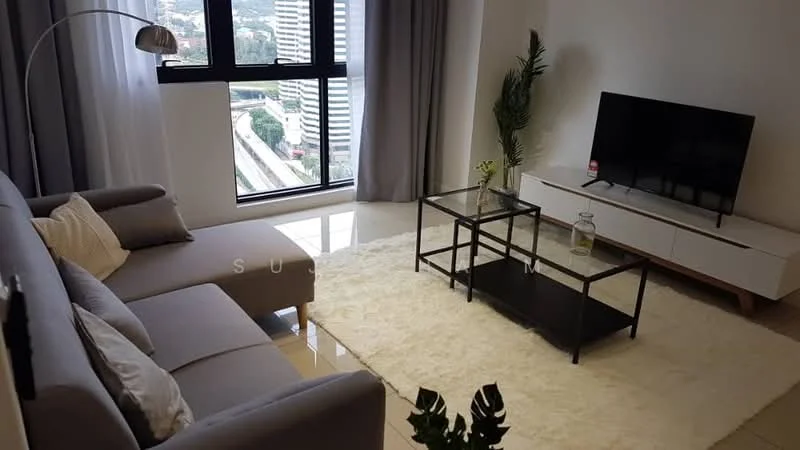 Living features: 3-seater fabric sofa in grey, glass coffee table, TV console in white with wooden legs, wall-mounted TV, area rug in cream, floor-to-ceiling windows, curtains in light grey, decorative plant in corner, polished tile flooring, city view from window; style: modern; view: city.