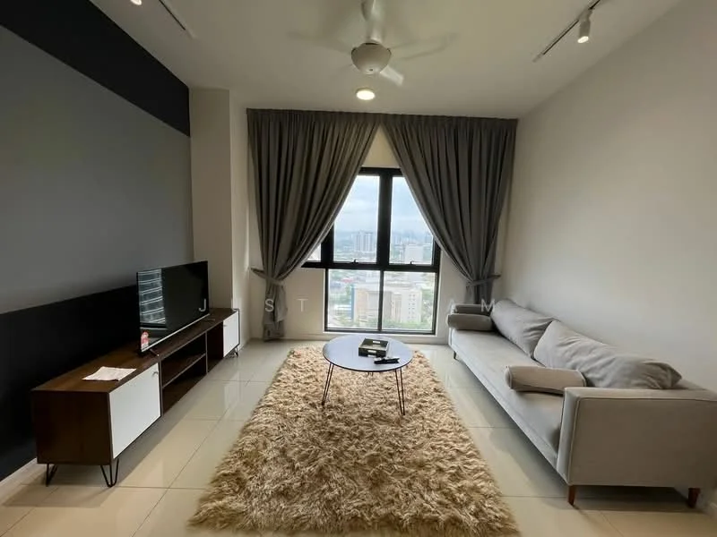 Living features: 3-seater fabric sofa in grey, round coffee table, TV console with storage, wall-mounted TV, area rug with shaggy texture, floor-to-ceiling windows, sheer curtains, ceiling fan with light, white painted walls, light-colored tiled flooring; style: modern; view: city.