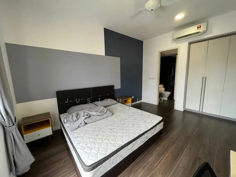 Bedroom features: queen-size bed, upholstered headboard, grey accent wall, white painted walls, laminate flooring, 1 wall-mounted split AC, ceiling fan, built-in wardrobe with sliding doors, nightstand with drawer, light-colored curtains; style: modern. Bathroom features: one-piece toilet, framed mirror, sink with cabinet, tile flooring, shower area, white tiled walls.