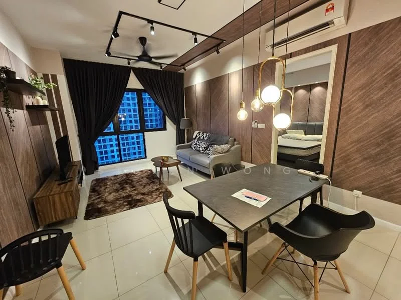 Living features: grey fabric sofa, area rug with geometric pattern, wooden TV console, wall-mounted TV, black dining table, 4 black dining chairs, 5-blade ceiling fan with light, recessed downlights, dark curtains, wood panel accent wall, white tiled flooring, decorative wall art; style: modern; view: city.