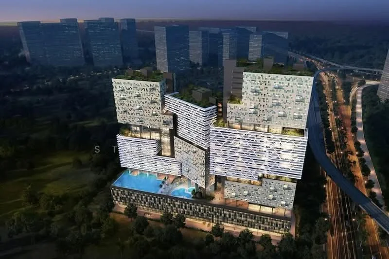 Exterior type: high-rise condominium; features: glass curtain wall, exposed concrete facade, recessed balconies, feature lighting at night, infinity pool, landscaped garden areas, surrounded by mature greenery, adjacent to highway; style: modern.