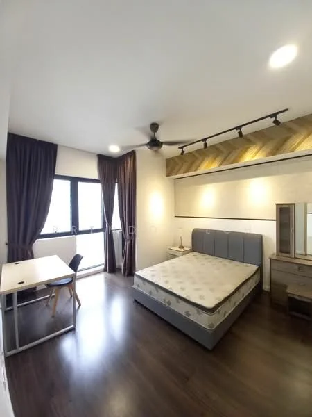 Bedroom features: queen-size bed, upholstered headboard, wooden bedside table, study desk with chair, floor-to-ceiling windows, dark brown wooden flooring, grey bedding, curtains in dark brown, recessed downlights, ceiling fan with light, decorative wall paneling; style: modern.