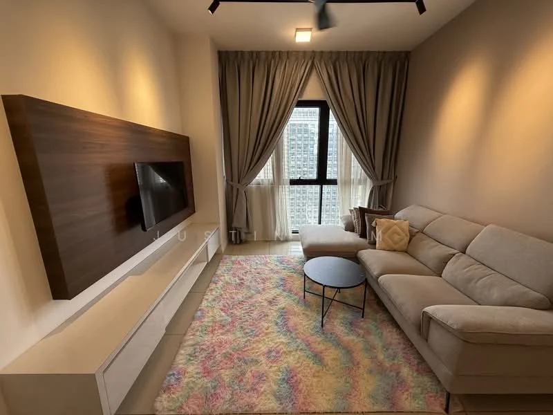 Living features: light grey fabric sectional sofa, round black coffee table, wall-mounted TV, white TV console, area rug with pastel colors, floor-to-ceiling windows, sheer curtains, recessed downlights, ceiling fan, wood accent wall; style: modern; view: city.