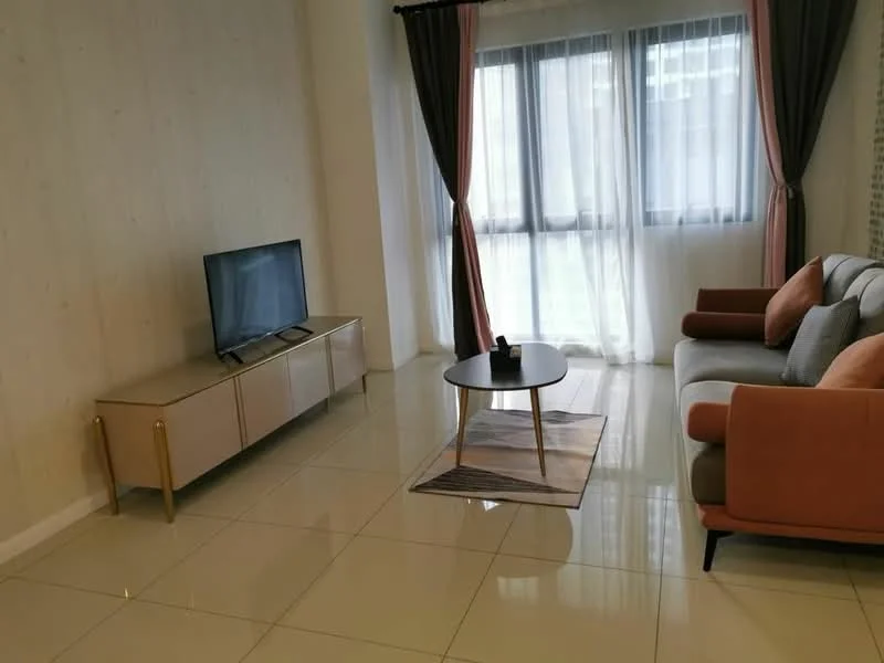 Living features: large floor-to-ceiling windows, sheer curtains, grey fabric sofa with orange accent cushions, round coffee table, TV console with storage, flat-screen TV, glossy white tiled flooring, light beige painted walls, decorative area rug; style: modern.