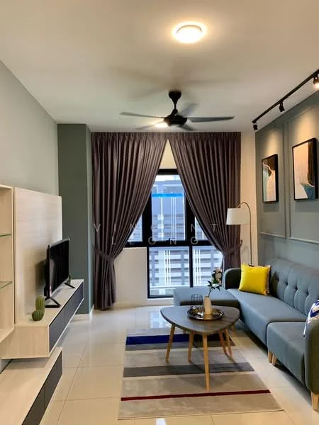 Living features: grey fabric sofa, round coffee table, TV console, wall-mounted TV, 5-blade ceiling fan with light, curtains in dark grey, decorative wall art, area rug with geometric pattern, white painted walls, tile flooring; style: modern; view: city.