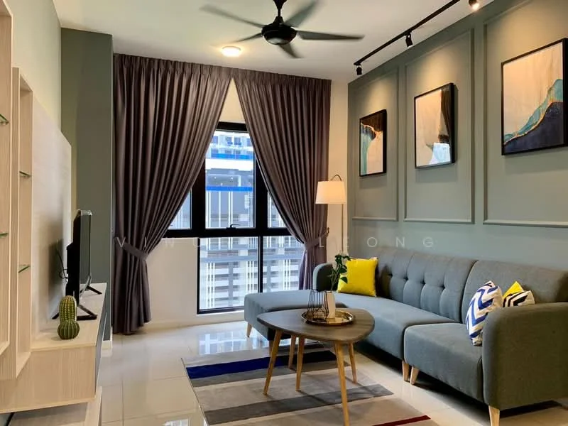 Living features: grey fabric L-shape sectional sofa, round wooden coffee table, TV console, wall-mounted TV, floor-to-ceiling window, sheer curtains, dark grey accent wall with paneling, decorative wall art, ceiling fan with light, area rug with geometric pattern, decorative cushions in yellow and blue; style: modern; view: city.