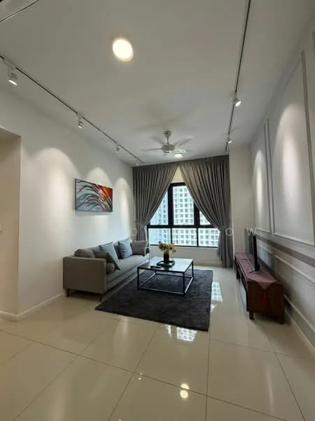 Living features: 3-seater fabric sofa in grey, coffee table with glass top, area rug in dark grey, wall-mounted TV, TV console in wood, floor-to-ceiling windows, sheer curtains, 5-blade ceiling fan with light, recessed downlights, white painted walls, glossy tile flooring, decorative artwork on wall; style: modern; view: city.