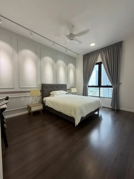 Bedroom features: king-size bed with upholstered headboard, 2 bedside lamps, floor-to-ceiling windows, grey curtains, wooden flooring, recessed downlights, ceiling fan, decorative wall paneling, study desk, chair; style: modern; view: city.