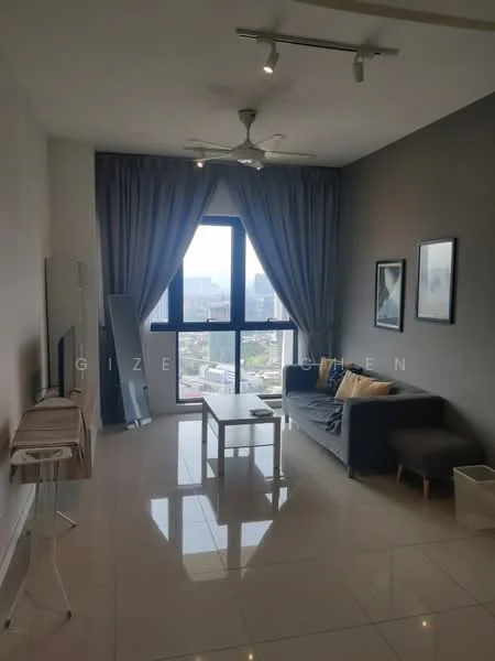 Living features: grey accent wall, white painted walls, glossy tile flooring, 5-blade ceiling fan with light, floor-to-ceiling windows, sheer curtains, sofa in dark grey, coffee table, TV console, framed artwork, decorative mirror; style: modern; view: city.