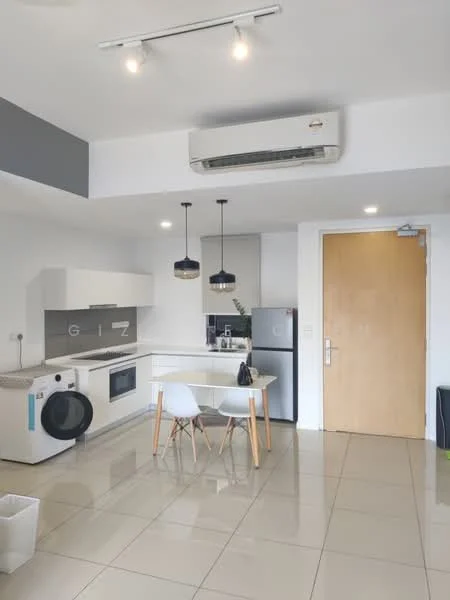 Kitchen features: white cabinetry, stainless-steel fridge, built-in oven, ceramic cooktop, white countertop, pendant lighting, 1 wall-mounted split AC, tile flooring, washing machine, dining table with white chairs, open layout, kitchen island; style: modern.