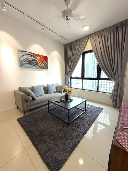 Living features: grey fabric sofa, decorative cushions, coffee table with black frame, area rug with plush texture, floor-to-ceiling windows, curtains in light grey, recessed downlights, wall-mounted artwork with abstract design, white painted walls, glossy tile flooring, ceiling fan; style: modern; view: city.