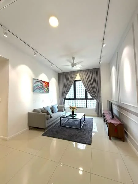 Living features: 3-seater fabric sofa in grey, coffee table, area rug in grey, wall-mounted TV, TV console, floor-to-ceiling window, sheer curtains, 5-blade ceiling fan with light, recessed downlights, white painted walls, glossy tile flooring; style: modern; view: city.