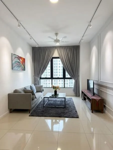 Living features: grey fabric 3-seater sofa, glass coffee table, wood TV console, wall-mounted TV, area rug with geometric pattern, floor-to-ceiling windows, sheer curtains, recessed downlights, 5-blade ceiling fan with light, framed artwork, white painted walls, glossy tile flooring; style: modern; view: city.